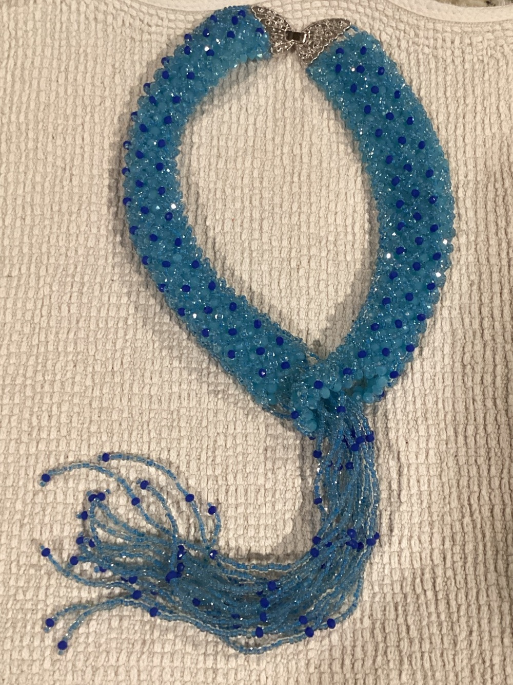 Blue Beaded Tassel Statement Necklace